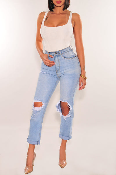 Light Denim High Waist Ripped Jeans