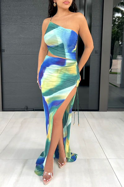 Blue Green Multi Color Ruched Cut Out Slit Maxi Dress