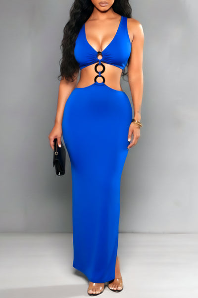 Royal Blue Black O-Ring Sleeveless Cut Out Double Slit Dress