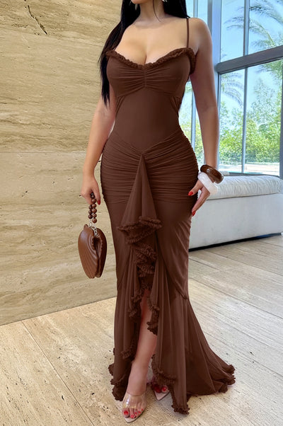 Chocolate Sweetheart Neckline Draped Ruffle Maxi Dress