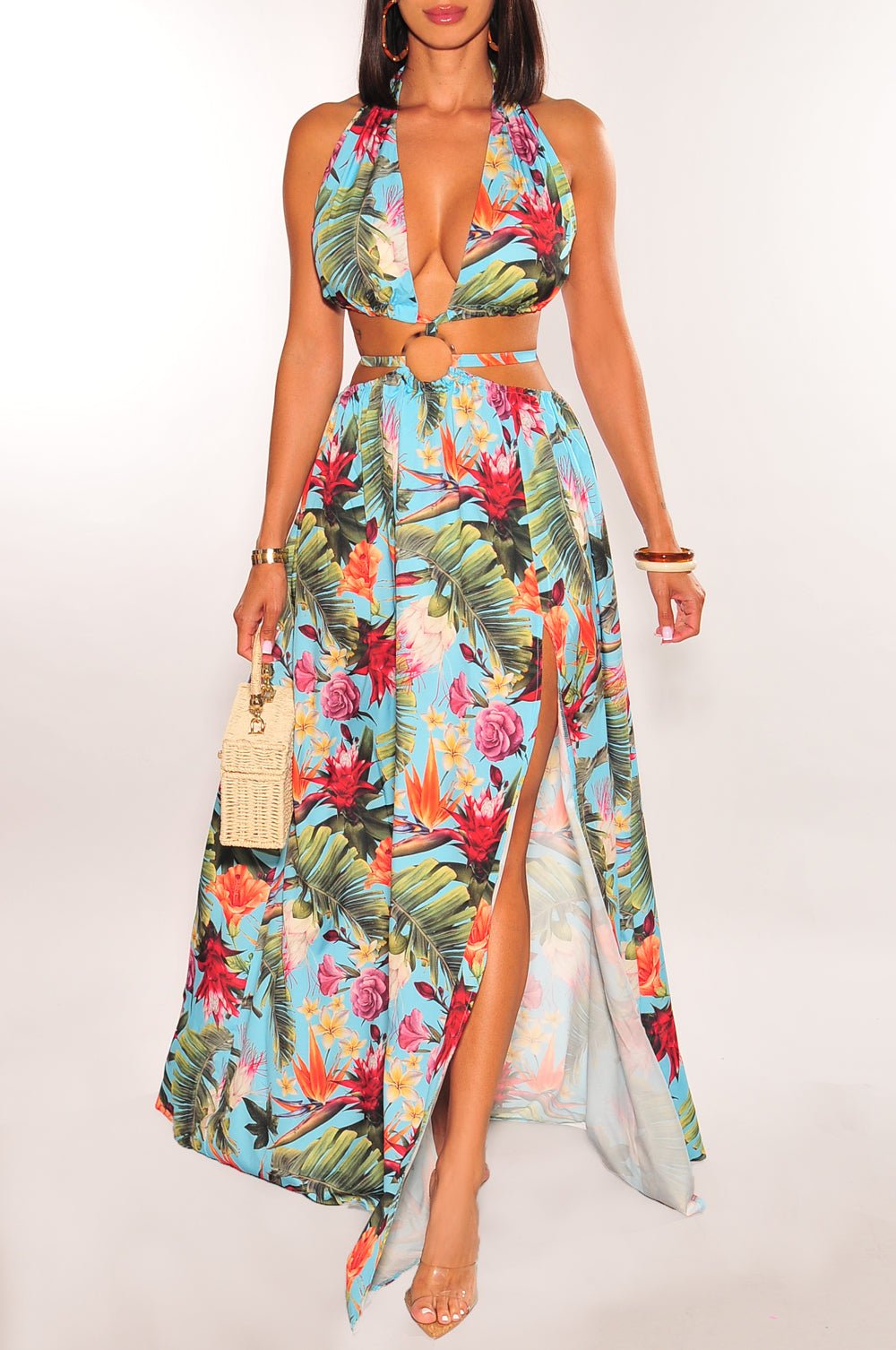 Aqua Tropical Print Padded Halter O-Ring Cut Out Slit Belted Maxi Dres Hot Miami Styles Aqua Tropical Print Padded Halter O-Ring Cut Out Slit Belted Maxi Dres Hot Miami Styles
