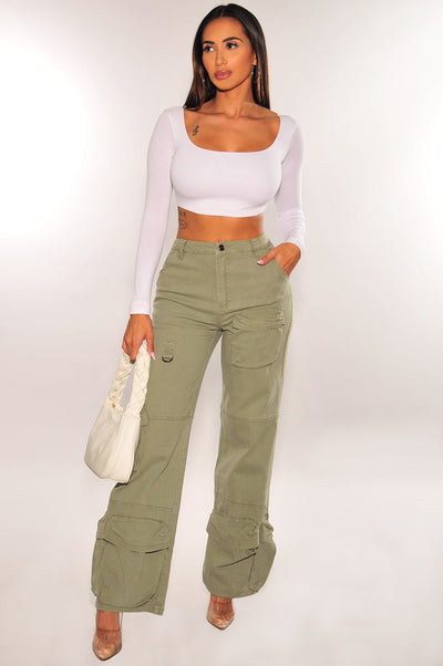 Army Green High Waist Wide Leg Cargo Jeans - Hot Miami Styles