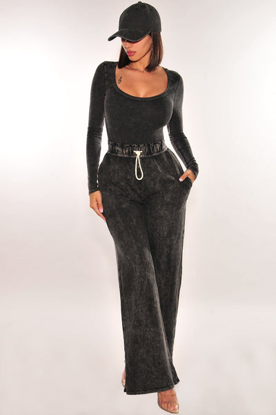 Black Acid Wash Long Sleeve Round Neck Bodysuit High Waist Wide Leg Sweatpants Two Piece Set - Hot Miami Styles