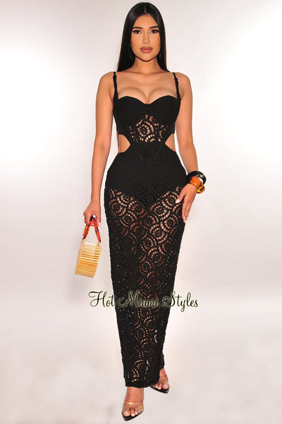 Black Crochet Spaghetti Strap Padded Boned Underwire Cut Out Maxi Dress - Hot Miami Styles