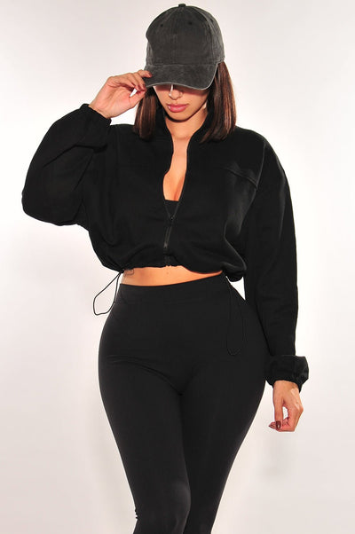 Black Drawstring Cropped Jacket - Hot Miami Styles