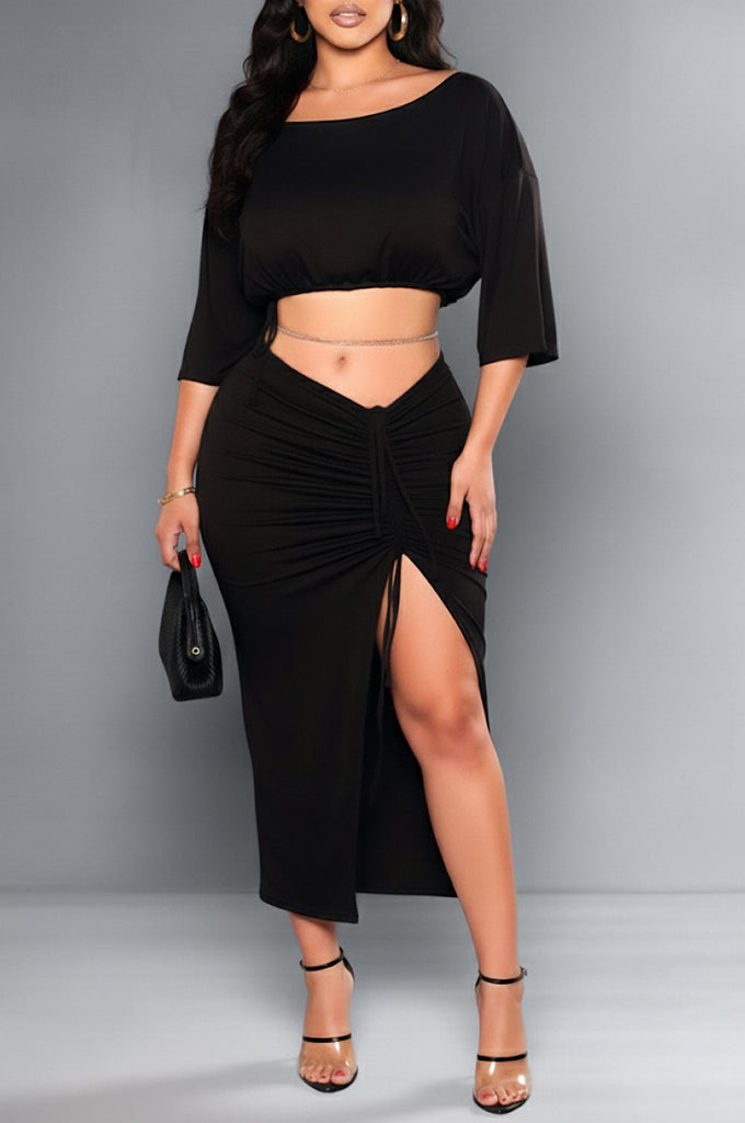 Black Drawstring Ruched Slit Skirt Two Piece Set – Hot Miami Styles