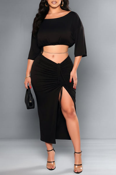 Black Drawstring Ruched Slit Skirt Two Piece Set - Hot Miami Styles