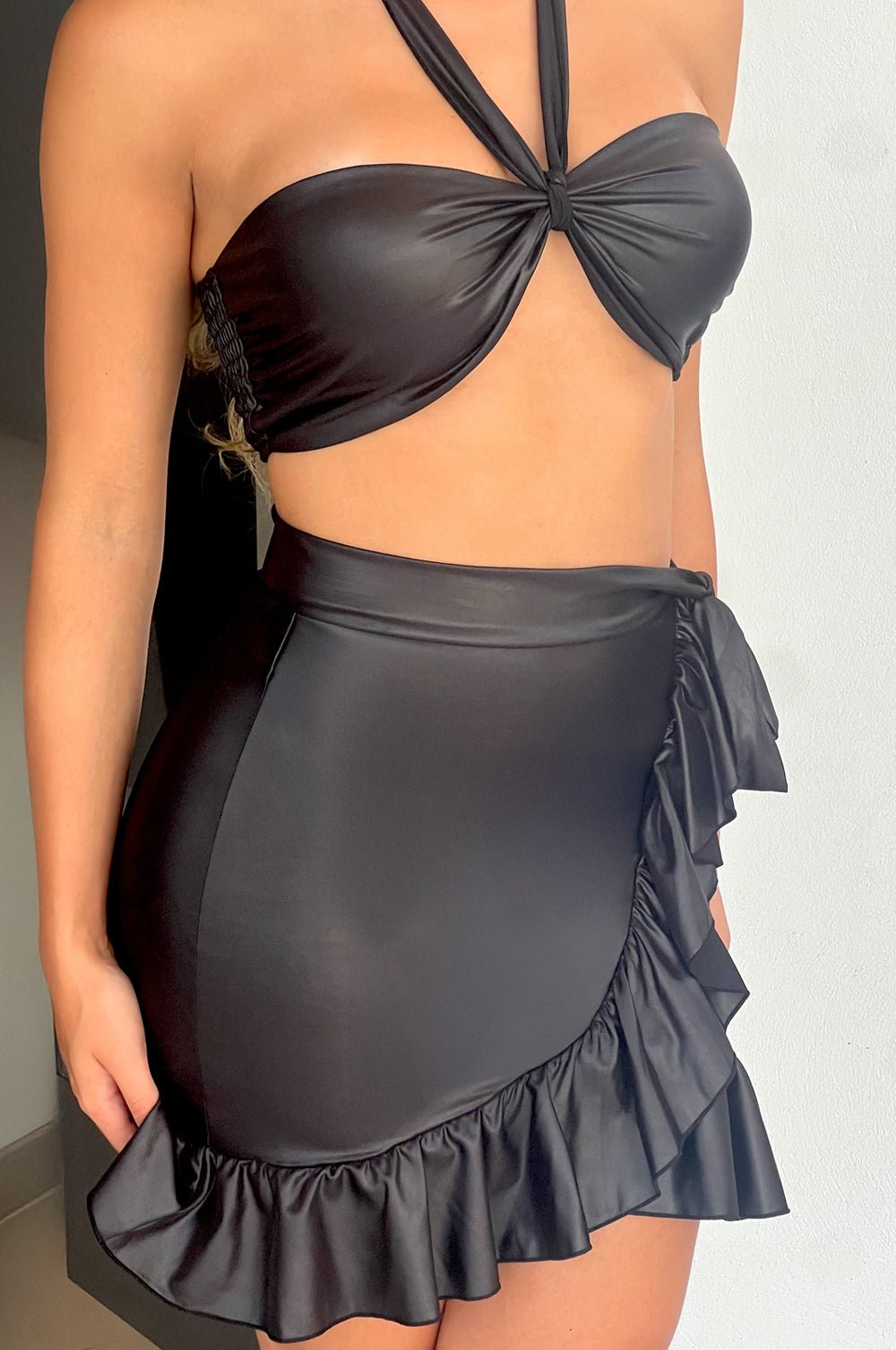 Black Faux Leather Halter Ruffle Tie Up Skirt Two Piece Set – Hot