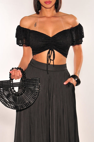 Black Floral Lace Ruffle Sleeve Tie Up Ruched Crop Top - Hot Miami Styles