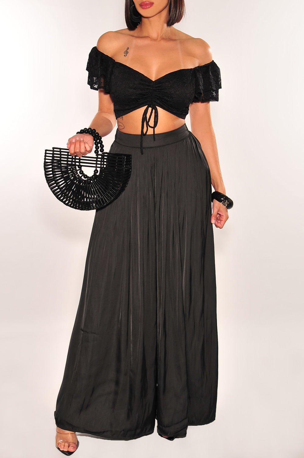 Black Floral Lace Ruffle Sleeve Tie Up Ruched Crop Top – Hot Miami