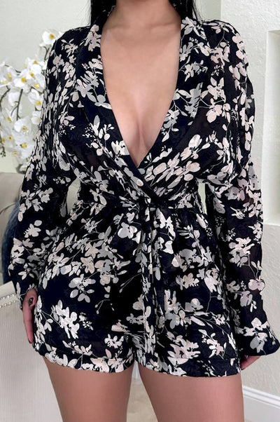 Black Floral Print Romper - Hot Miami Styles