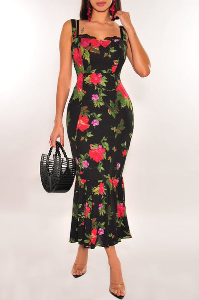 Black Floral Sleeveless Lace Mermaid Dress - Hot Miami Styles