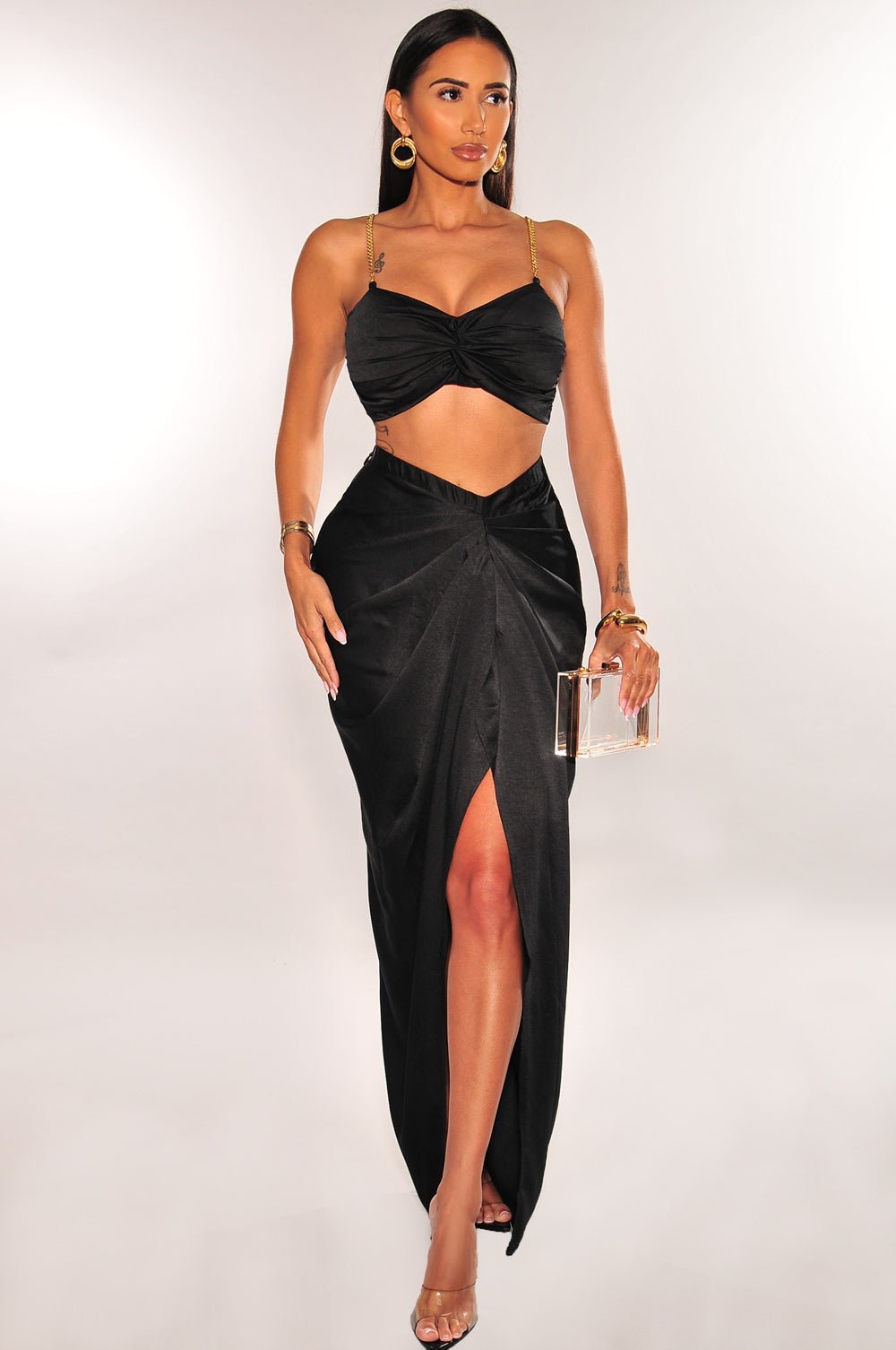 White Gold Chain Padded Knotted Slit Skirt Two Piece Set