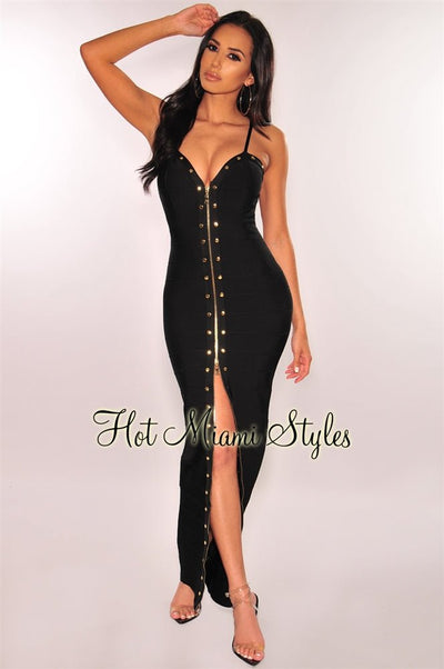 Black Gold Zipper Studded Bandage Maxi Dress - Hot Miami Styles