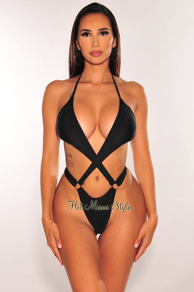 Black Halter Criss Cross O-Ring Cut Out Thong Swimsuit - Hot Miami Styles