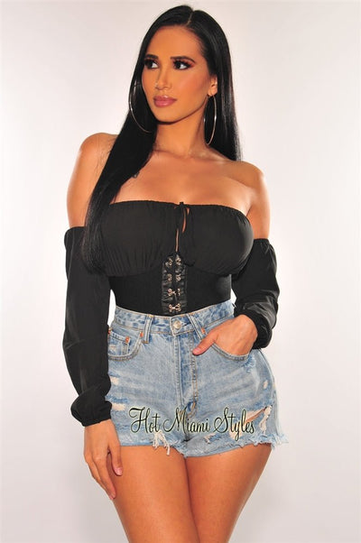 Black Hook & Eye Off Shoulder Bandage Corset Crop Top - Hot Miami Styles