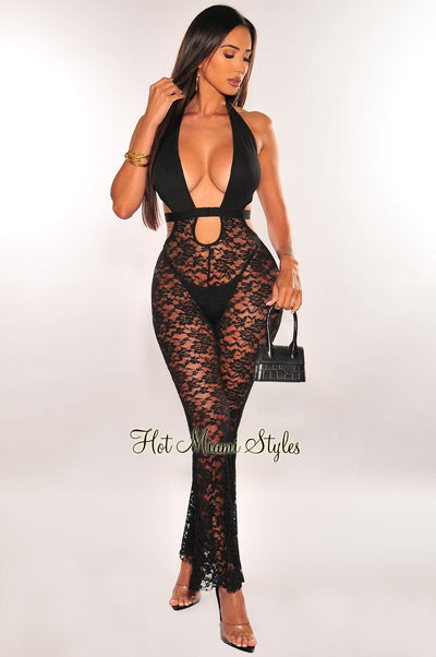 Black Lace Halter Cut Out Strappy Flared Jumpsuit - Hot Miami Styles