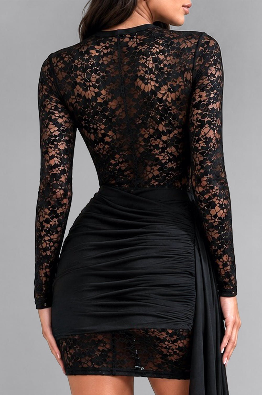 Black Lace Long Sleeve Draped Mini Dress Small Black Lace Long Sleeve Draped Mini Dress Small