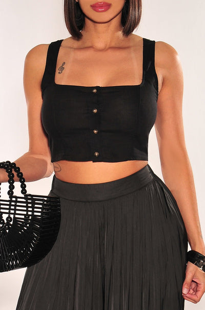 Black Linen Square Neck Sleeveless Button Up Crop Top - Hot Miami Styles