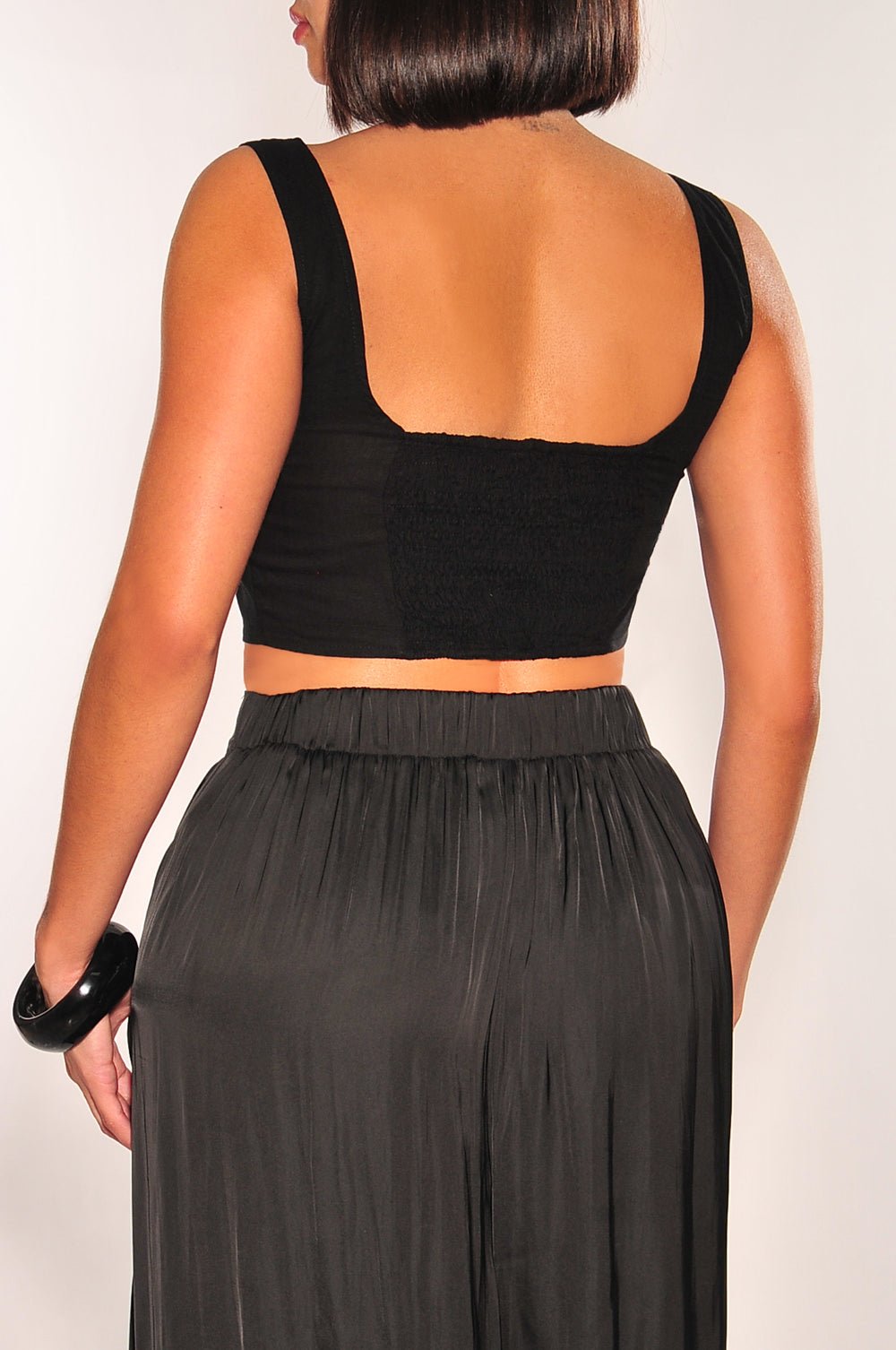 Black Linen Square Neck Sleeveless Button Up Crop Top - Hot Miami