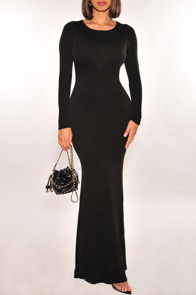 Black Long Sleeve Round Neck Mermaid Dress - Hot Miami Styles