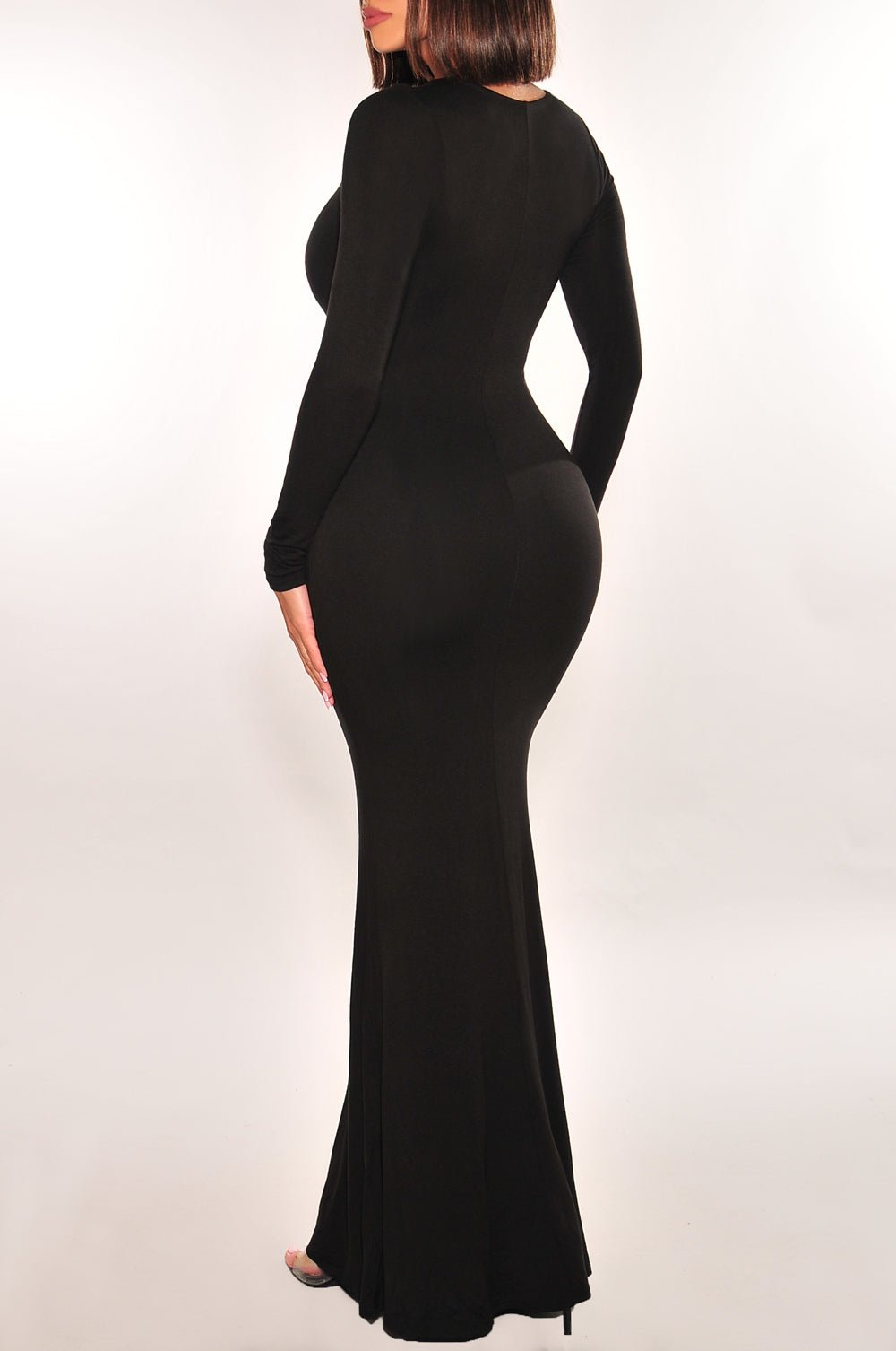 long sleeve mermaid black dress Black Long Sleeve Round Neck Mermaid Dress Small