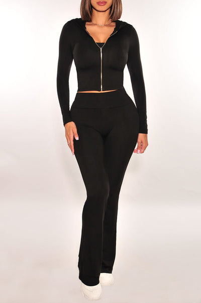 Black Long Sleeve Zip Up Hooded High Waist Foldover Flare Pants Two Piece Set - Hot Miami Styles