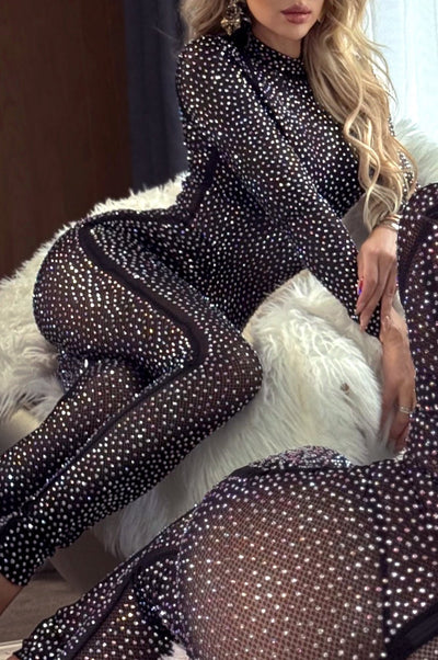 Black Mesh Rainbow Iridescent Rhinestone Studded Jumpsuit - Hot Miami Styles