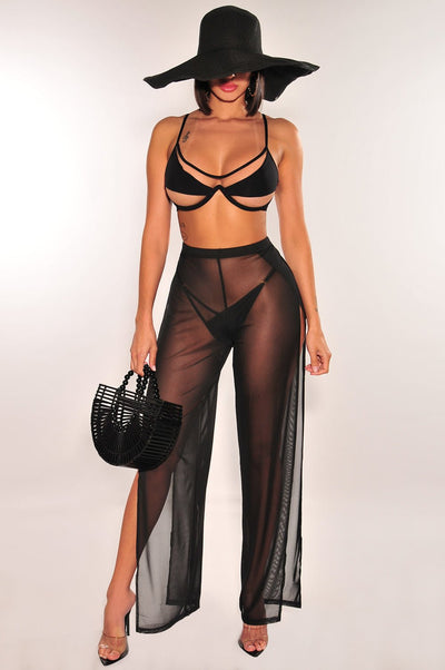 Black Mesh Sheer High Waist Double Slit Cover Up Pants - Hot Miami Styles