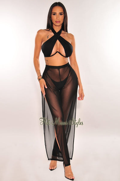 Black Mesh Sheer High Waist Double Slit Cover Up Pants - Hot Miami Styles