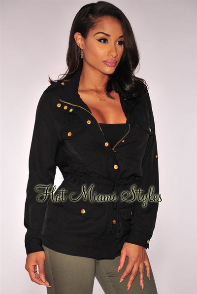 Black Military Drawstring Jacket - Hot Miami Styles