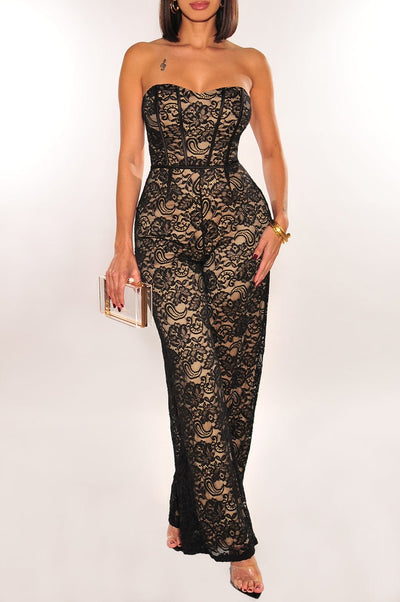 Black Nude Lace Strapless Boned Palazzo Jumpsuit - Hot Miami Styles