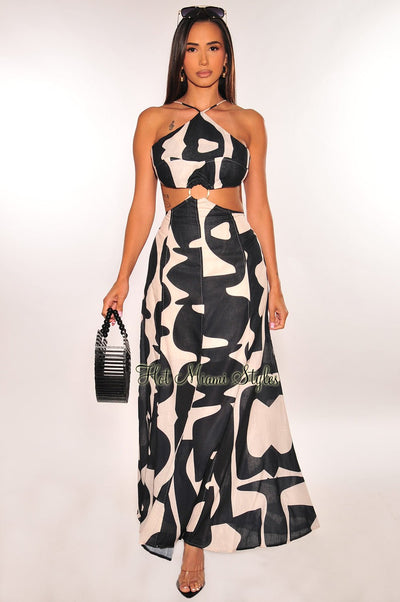 Black Nude Print Strappy Linen Cut Out Maxi Dress - Hot Miami Styles