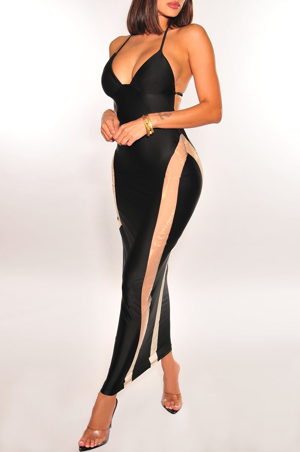 Black Nude Sheer Mesh V Neck Halter Dress - Hot Miami Styles Medium Black Nude Sheer Mesh V Neck Halter Dress - Hot Miami Styles Medium