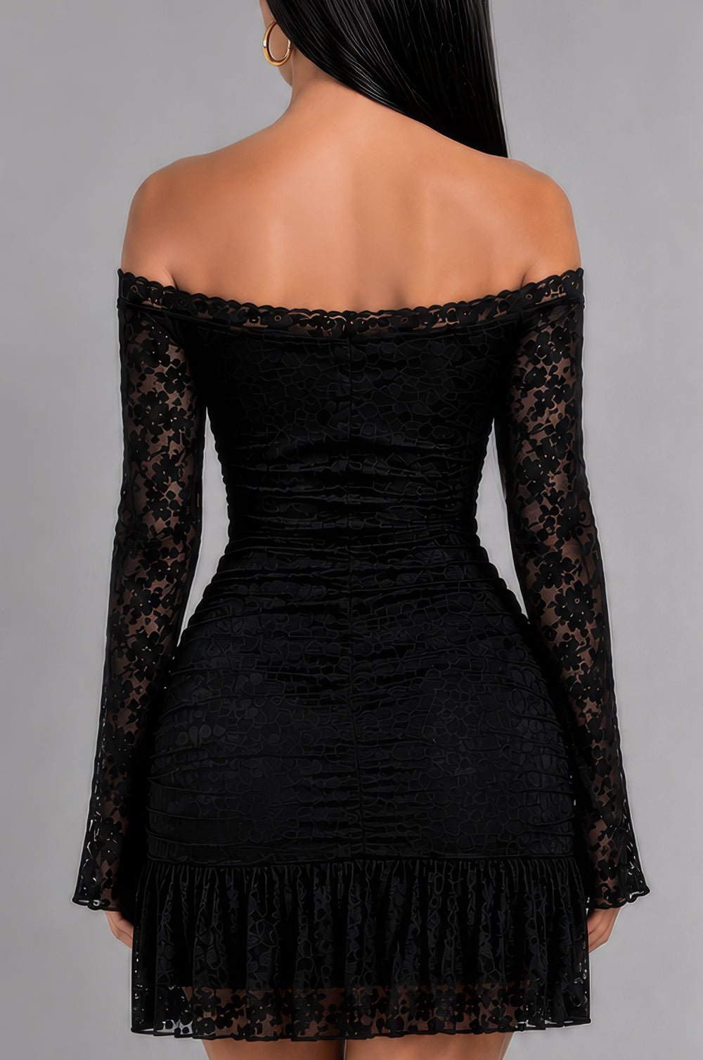 lace up cable knit mixed media off shoulder dress Black Long Sleeve Mini Material:Elastane