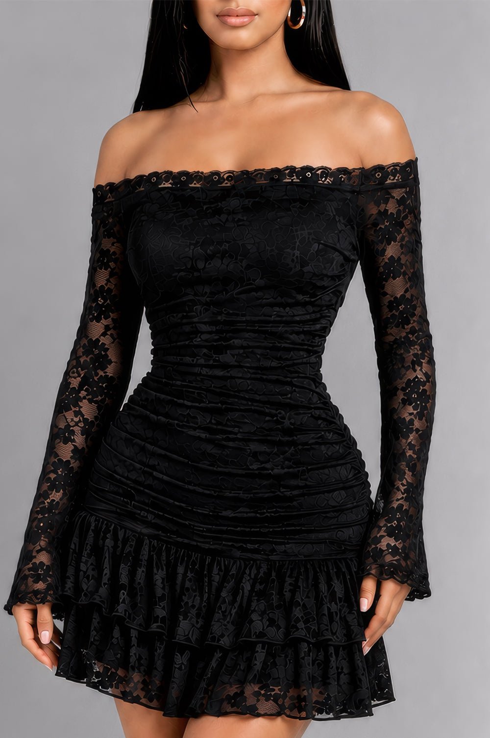 Black Off Shoulder Knit Lace Long Sleeve Mini Dress Medium