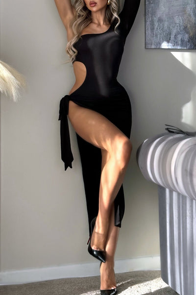 Black One Sleeve Cut Out Tie Up Slit Dress - Hot Miami Styles