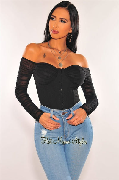 Black Padded Bustier Mesh Off Shoulder Ruched Crop Top - Hot Miami Styles