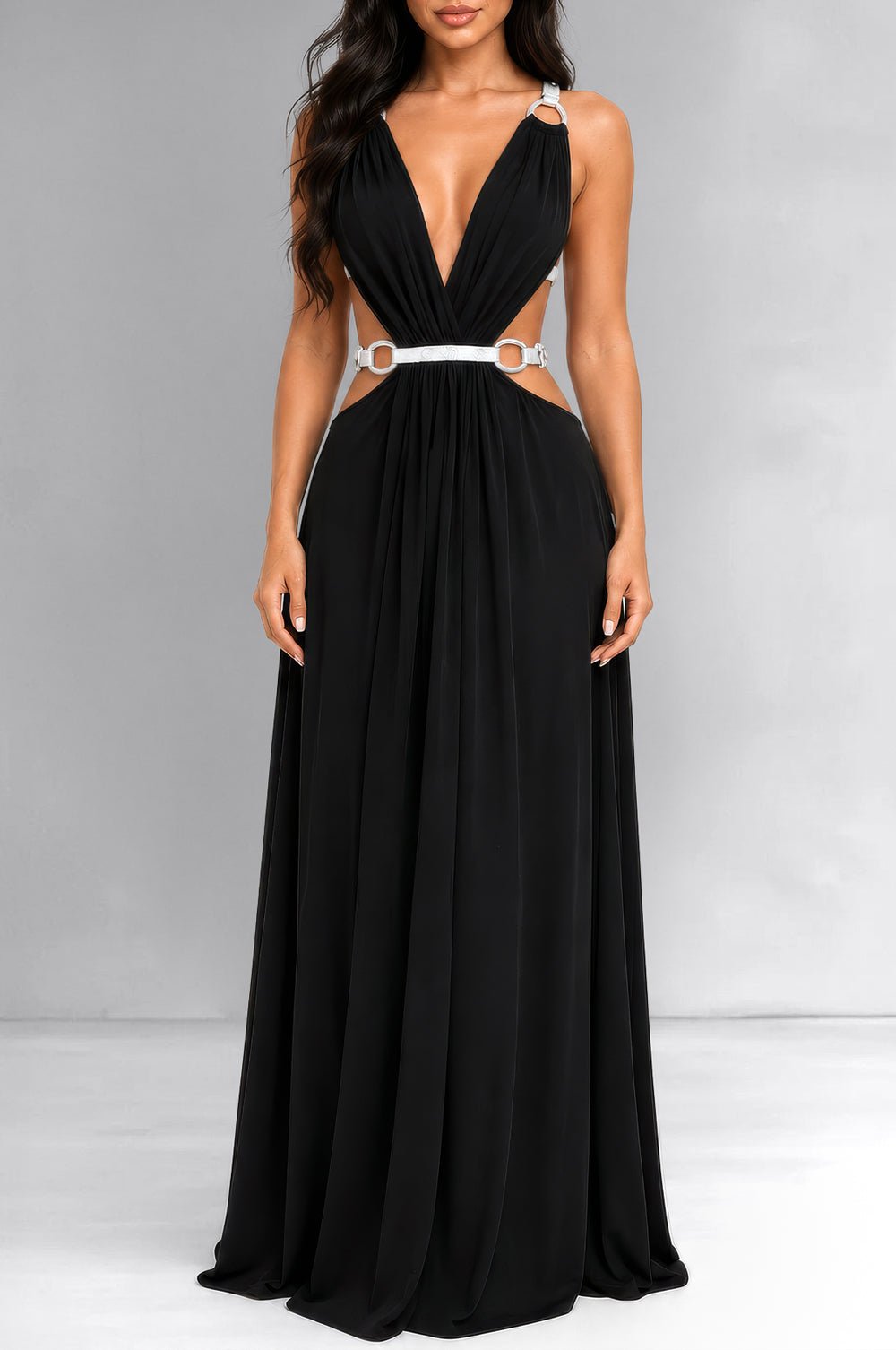 Black Plunge Cut Out Rhinestone Trim Goddess Gown – Hot Miami Styles