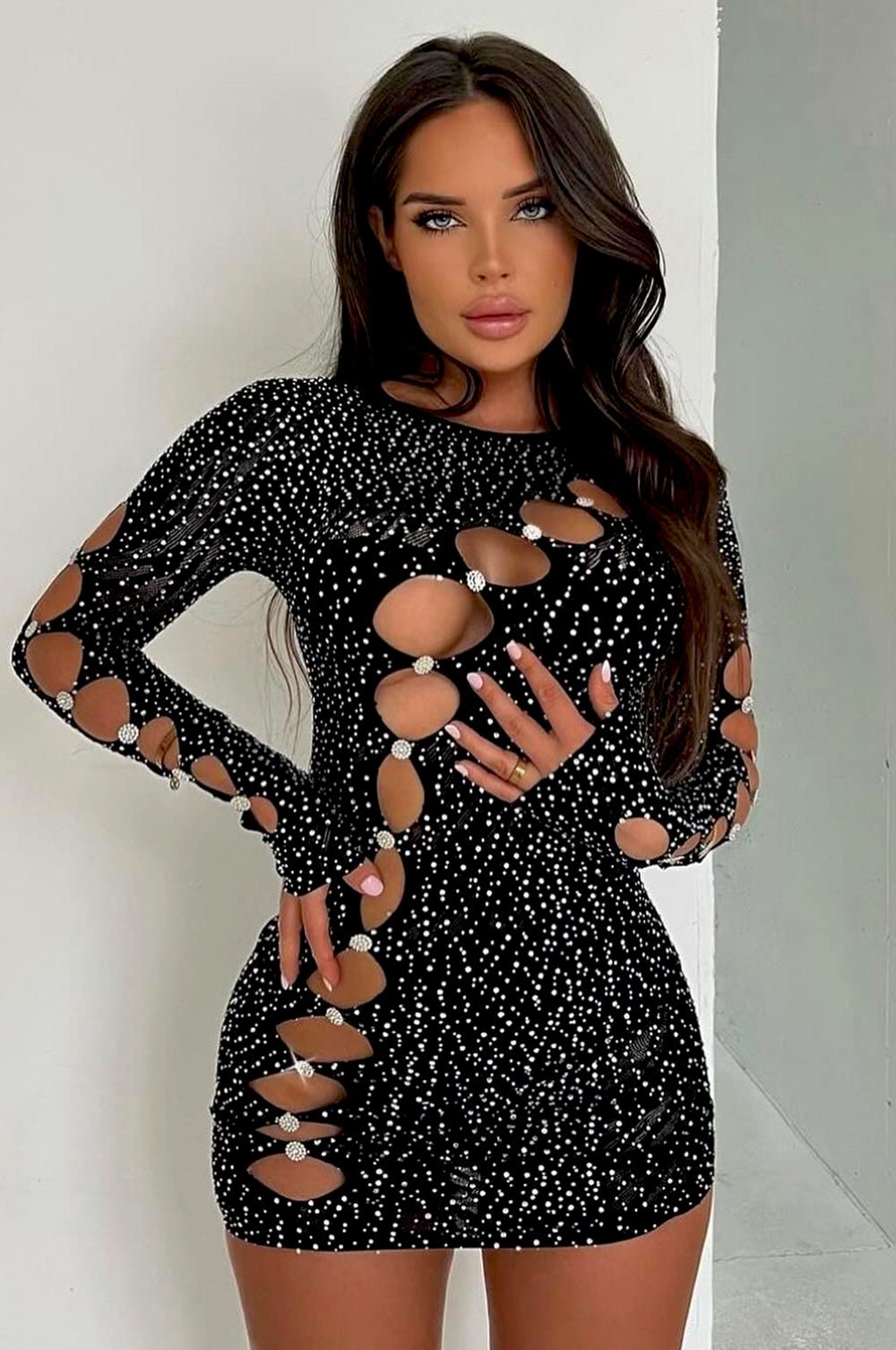 white christmas dresses Black Rhinestone Studded Cut Out Long Sleeve Seamless Dress