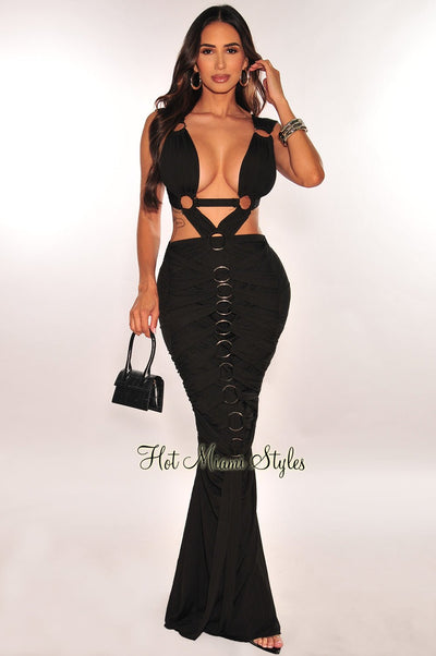 Black Ribbed Cut Out O-Ring Pleated Gown - Hot Miami Styles