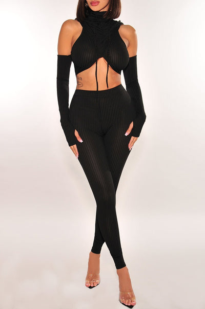 Black Ribbed Hoodie Off Shoulder Criss Cross High Waist Pants Two Piece Set - Hot Miami Styles