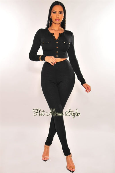 Black Ribbed Knit Button Up High Waist Pants Two Piece Set - Hot Miami Styles