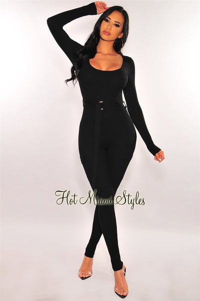 Black Ribbed Knit Long Sleeves Belted Cargo Jumpsuit - Hot Miami Styles