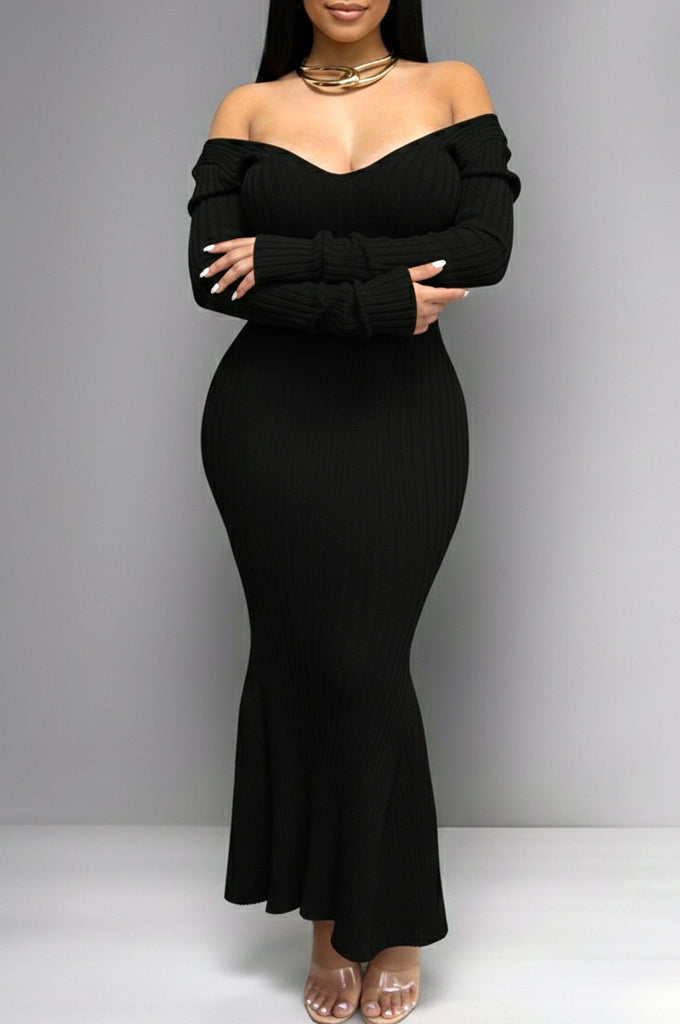 Black Ribbed Knit Long Sleeves Mermaid Dress – Hot Miami Styles