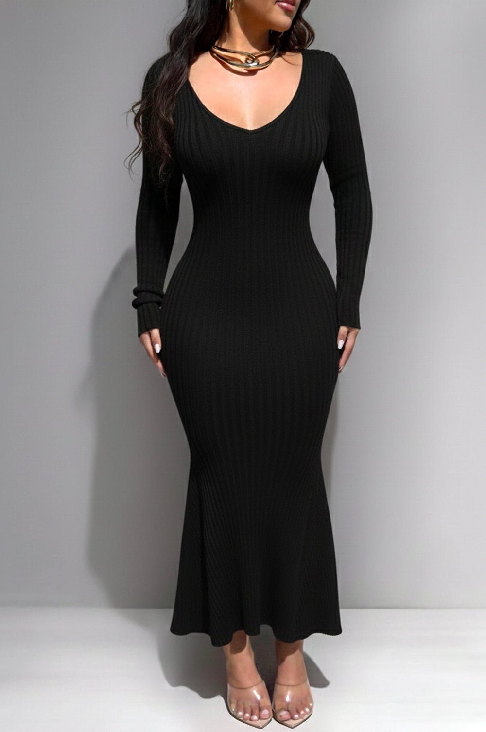 Black Ribbed Knit Long Sleeves Mermaid Dress Medium Black Ribbed Knit Long Sleeves Mermaid Dress Medium