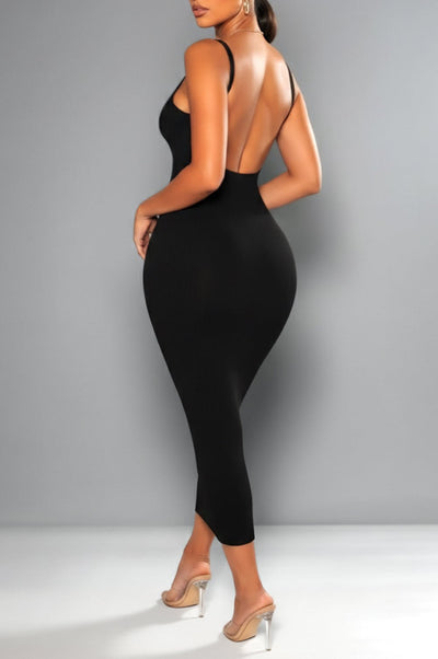 Black Ribbed Knit Spaghetti Straps Scoop Back Midi Dress - Hot Miami Styles