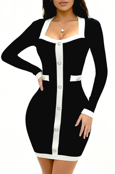 Black Ribbed Knit Two Toned Long Sleeve Square Neck Gold Button Down Dress - Hot Miami Styles