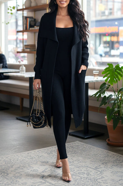 Black Ribbed Long Sleeve Collared Cardigan Jacket - Hot Miami Styles