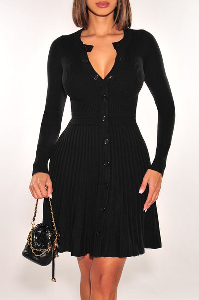 Black Ribbed Long Sleeve Round Neck Button Down Pleated Dress - Hot Miami Styles